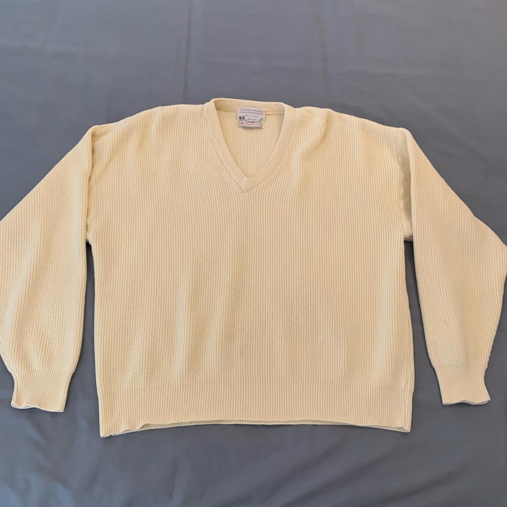 Vintage Lord Jeff Sweater Mens XL White Cotton V Neck Knit Whaler Rib USA